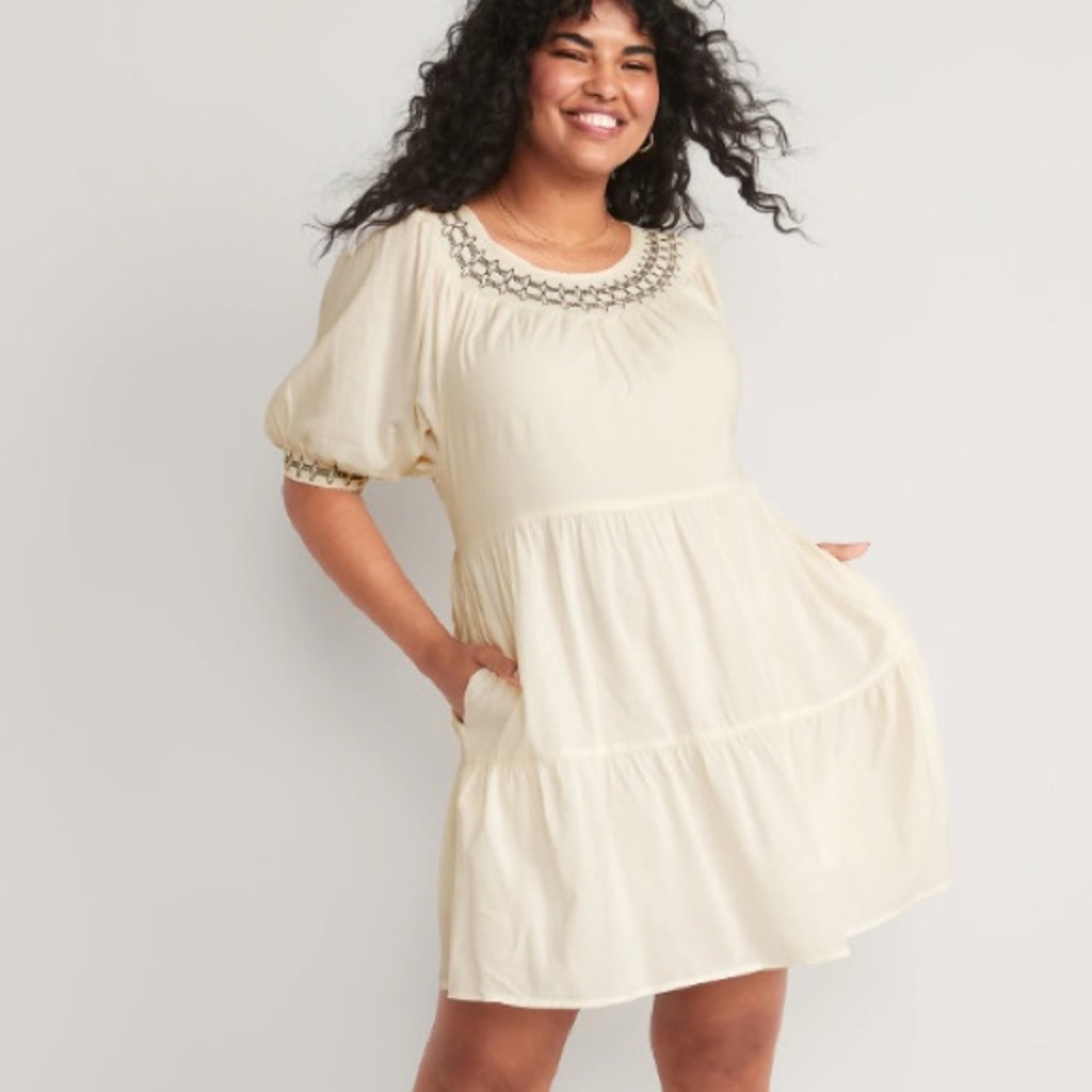 Puff Sleeve Embroidered Smocked Mini Swing Dress Size Large NEW NWT Old Navy
